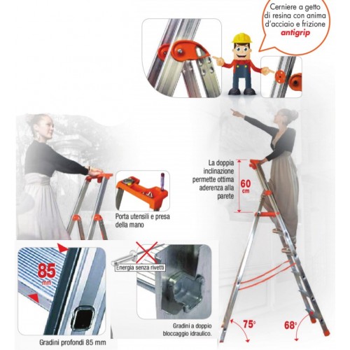 Facal Scala 8 Gradini Alluminio Doppia a Forbice Professionale Scaletta Interno