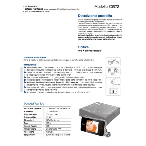 Spioncino Digitale Oro Porta Blindata Vitel Display Lcd Telecamera Elettronico