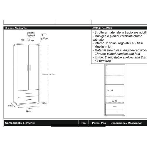 Armadio 2 Ante con Cassetti Ossido Grigio Ripiani Ufficio Mobile Porta Documenti