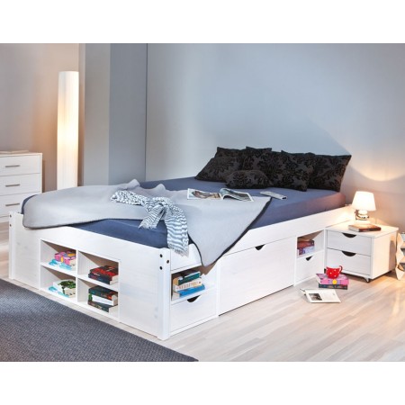 Letto Matrimoniale 180x200 King Size Bianco Rete a Doghe con Cassetti In Legno