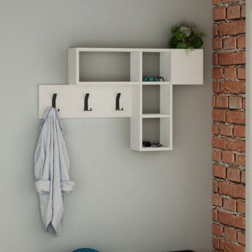 Mobile da Ingresso a Muro Ganci Appendiabiti Ripiani Parete in Legno Bianco