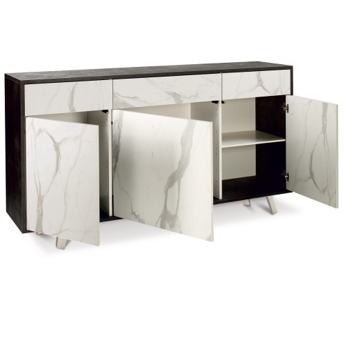 Mobile Madia 3 Ante 3 Cassetti Ossido Nero Effetto Marmo da Soggiorno Credenza