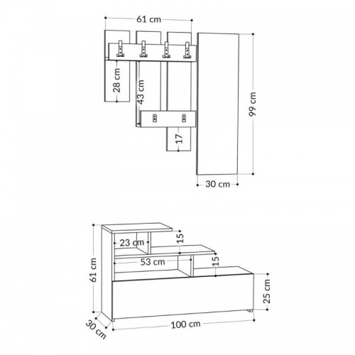 Mobiletto Moderno Rovere da Ingresso Attaccapanni con Specchio Appendiabiti