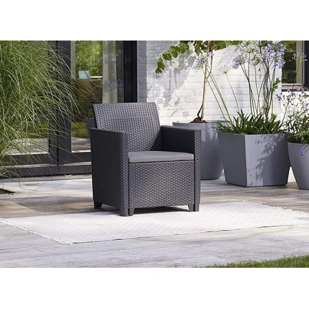 Salottino 2 Poltrone Tavolino Contenitore Pouf Grafite Effetto Legno con Cuscini