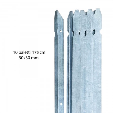 10 Paletti per Recinzione a T 175 cm 30x30 in Ferro Zincato Pali Metallo