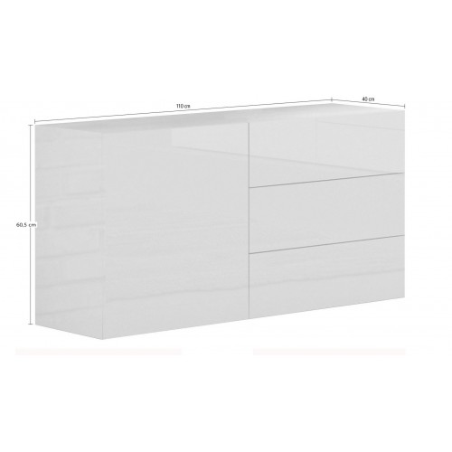 Credenza 110 cm Mobile con 3 Cassetti e 1 Ante Madia Bianco Lucido