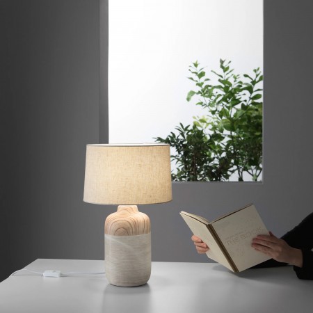 Lampada da Tavolo in Ceramica e Legno Luce con Paralume in Tessuto Bianco