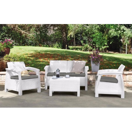 Salotto da Esterno Bianco Effetto Rattan Salottino Divano 2 Poltrone