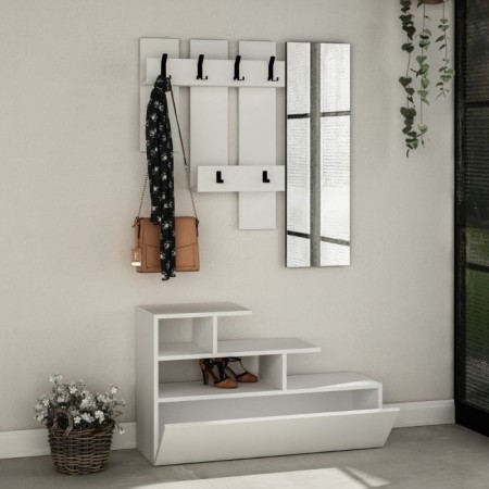 Mobile Ingresso Bianco 100x70cm con Specchio e Scarpiera