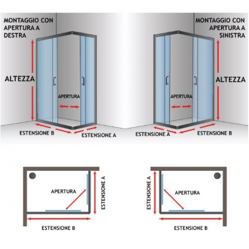 Box Doccia Cristallo 6 mm Vetro Angolo 2 Lati Scorrevole Quadrato Rettangolare