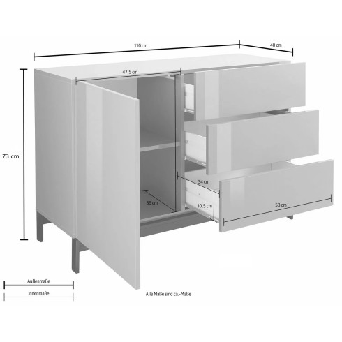 Credenza Alta Antracite Lucido 110x40x73cm 1 Anta e 3 Cassetti