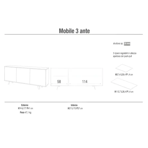 Mobile Soggiorno 3 Ante 177x41x74 cm Push-Pull Bianco e Ruggine