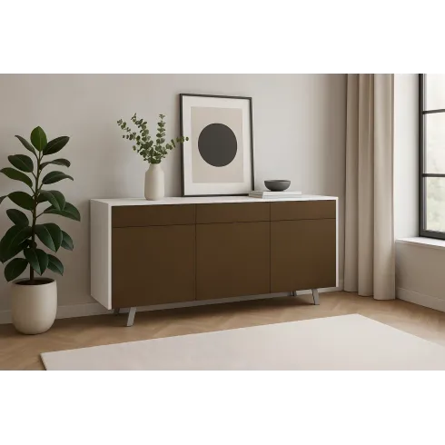 Credenza Moderna 164x41x92 cm 3 Ante 3 Cassetti Bianca e Ruggine