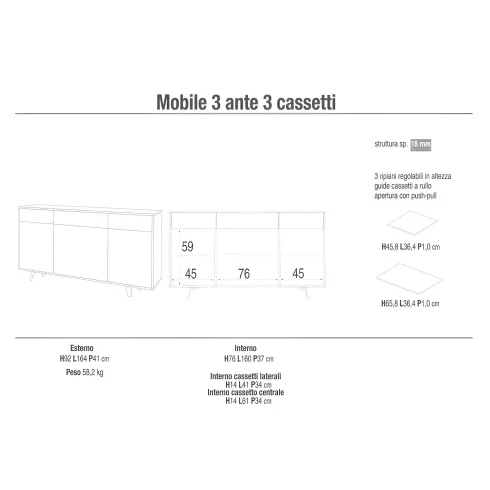 Credenza Moderna 164x41x92 cm 3 Ante 3 Cassetti Bianca e Ruggine