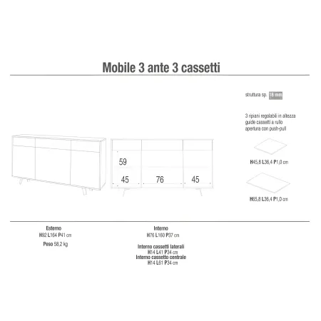 Credenza Moderna 164x41x92 cm 3 Ante 3 Cassetti Bianca e Ruggine