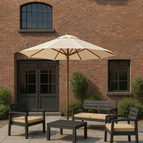 Salottino 4 Pezzi Antracite Resina Effetto Legno con Cuscini Crema