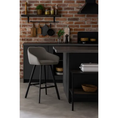 Sgabello Imbottito in Tessuto Grigio Cenere con Gambe in Metallo Nero