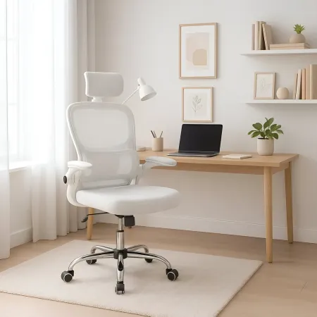 Sedia da Ufficio Ergonomica Bianca in Rete con Braccioli e Poggiatesta