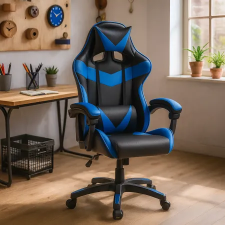 Sedia da Gaming in PVC con Imbottitura Nero e Blu Reclinabile Girevole