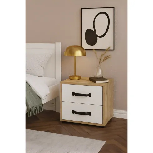 Comodino Rovere e Bianco 2 Cassetti con Maniglie Nere 44x32x41 cm