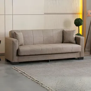Divano Letto 3 Posti in Tessuto Cammello con Contenitore 213x81x83 cm 2