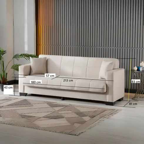 Divano Letto 3 Posti in Tessuto Crema con Contenitore 213x81x83 cm