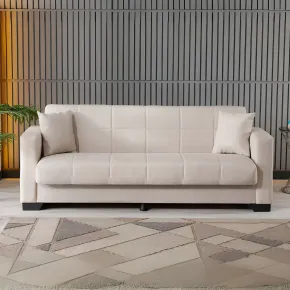 Divano Letto 3 Posti in Tessuto Crema con Contenitore 213x81x83 cm 2