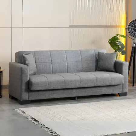 Divano Letto 3 Posti in Tessuto Grigio con Contenitore 213x81x83 cm