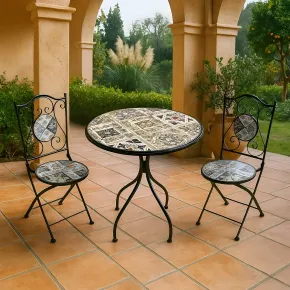 Set Tavolo Ø 60 cm con 2 Sedie Pieghevoli da Giardino Beige Azzurro 2