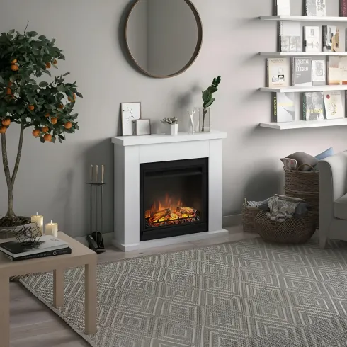 Caminetto Elettrico da Pavimento Tagu Frode con Cornice in Legno Bianco Moderno