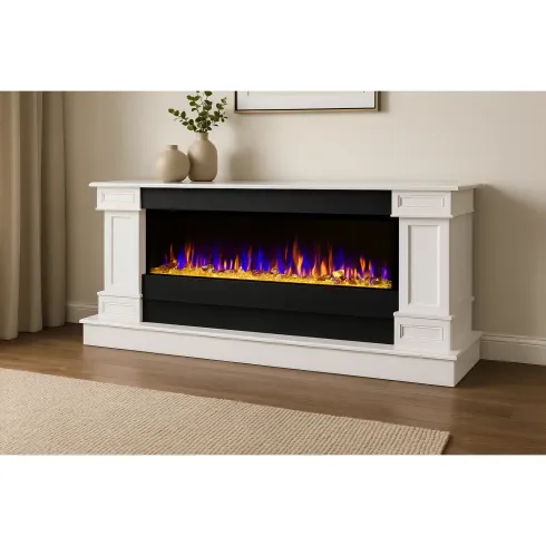 Camino Elettrico Bianco 1500W 181x43x60 con Fiamma 3D e Termostato