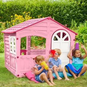 Casetta da Giardino per Bambini Rosa in Plastica Porta e Finestre Apribili 2