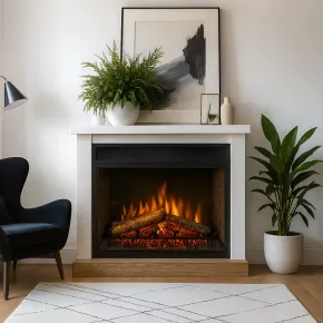 Camino Elettrico 1800W Bianco da Pavimento Legno Fiamma Realistica 2