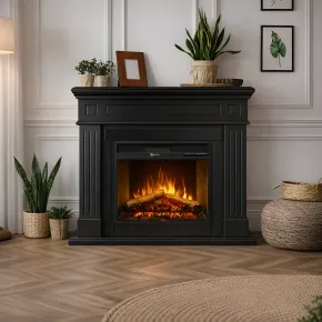 Camino Elettrico da Pavimento 1800W Legno MDF Nero per Soggiorno 2