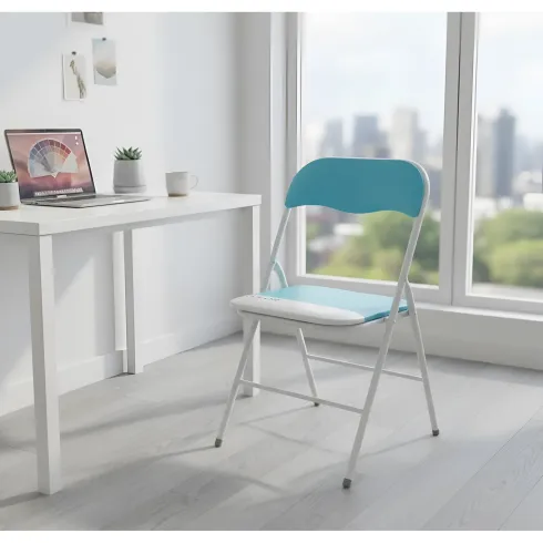 Sedia Pieghevole in Acciaio Bianco Seduta Imbottita Blu da Interno