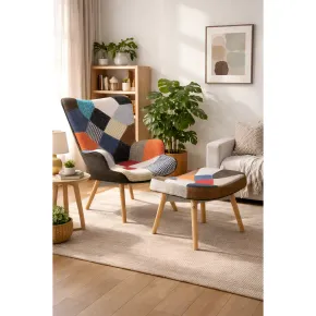 Poltrona con Poggiapiedi Patchwork Struttura in Acciaio Gambe in Legno 2
