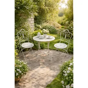 Set Tavolo da Giardino Ø 60 cm con 2 Sedie Pieghevoli Ceramica Bianco 2