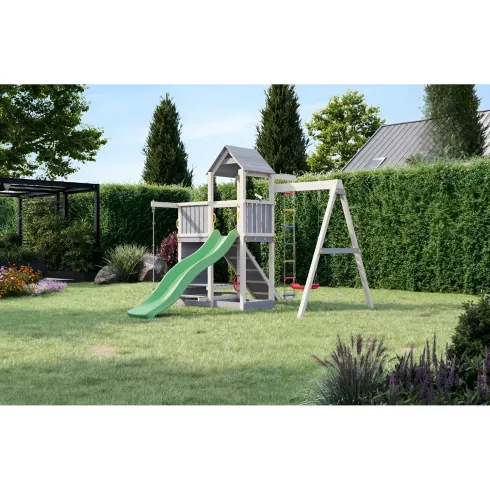 Parco Giochi in Legno Torre Scivolo Altalena Sabbiera Bianco Grigio