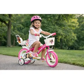 Bicicletta Rotelle Barbie 12" per Bambini Rosa con Cestino Seggiolino 2