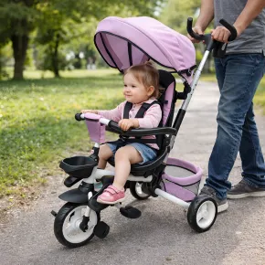 Triciclo per Bambini Rosa Pieghevole Sedile Girevole Cappottina 1+ 2