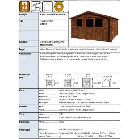 Casetta in Legno Trattato 34mm da Giardino 4x4 Doppia Porta Block-House
