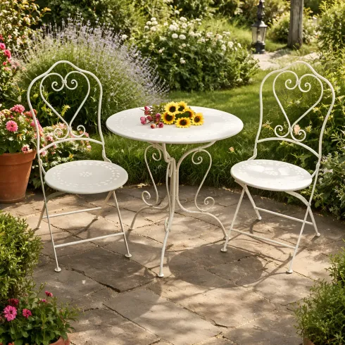 Set Tavolo Tondo 62x73 cm 2 Sedie in Metallo Bianco Antico da Esterno