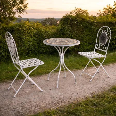 Set Tavolo 60x72 cm 2 Sedie Metallo Bianco Antico Mosaico da Esterno