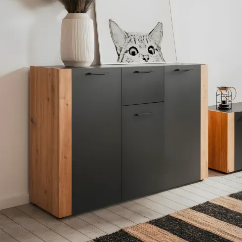 Madia Soggiorno Moderna 3 Ante 1 Cassetto Credenza Rovere Antracite