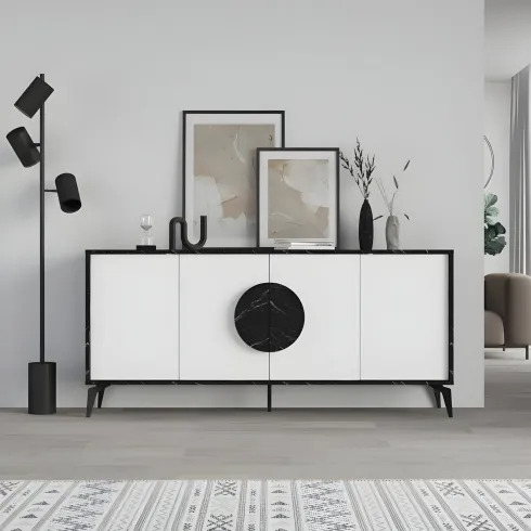 Madia Soggiorno Moderna 180 cm 4 Ante Bianco Nero Effetto Marmo Moderno