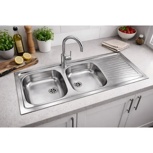 Lavello 2 Vasche con Gocciolatoio Destro Inox da Appoggio 120x50 cm