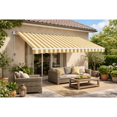 Tenda da Sole 400x300 Rigato Beige a Barra Quadra Avvolgibile Esterno