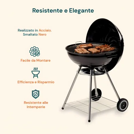 Barbecue Tondo Carbone Giardino Legna Carbonella Carrello Grigliata Griglia 45cm
