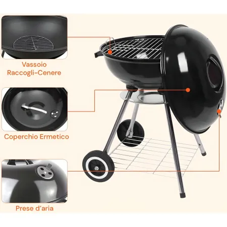 Giardino Barbecue Tondo 56cm Carbone Legna Carbonella Carrello Griglia Grigliata