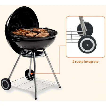 Giardino Barbecue Tondo 56cm Carbone Legna Carbonella Carrello Griglia Grigliata